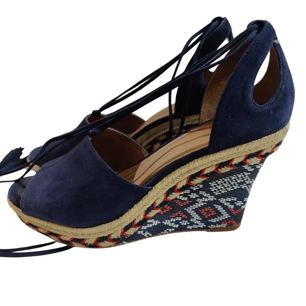 Cabi Women's Sz 8 Isla Navy Orange Espadrille Wedge Suede Sandals Ankle Wrap